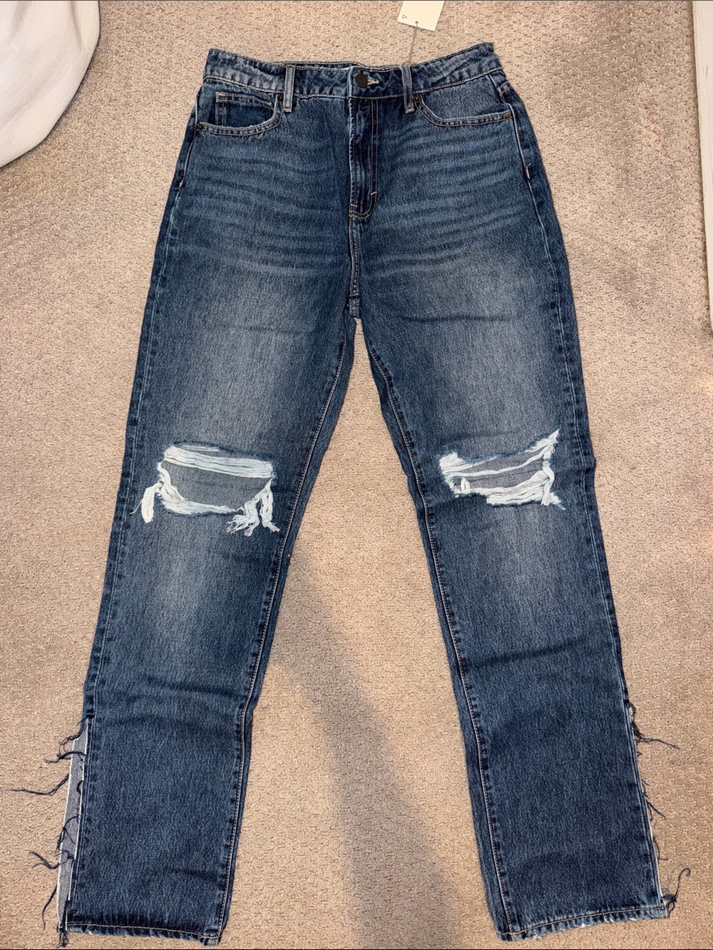 High-Rise Straight-Leg Distressed Jeans in Dark Indigo